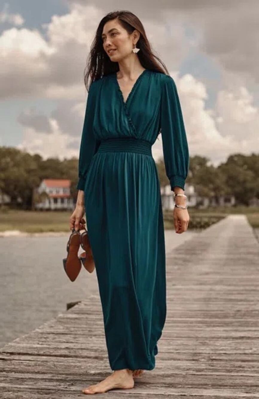 NWT J Jill 2X Adriatic Deep Teal Smocked Waist Cuff Maxi Dress Boho Coastal Euro